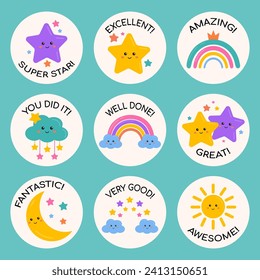 Good job and great job stickers with rainbows, stars, clouds for children. Success, congrats, excellent work labels. School reward, educational, encouragement sign, stamp. Awesome homework, well done.