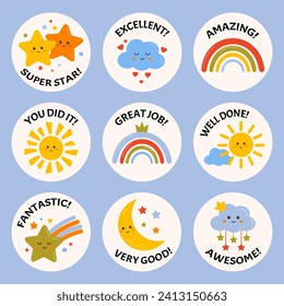 Good job and great job stickers with rainbows, stars, clouds for children. Success, congrats, excellent work labels. School reward, educational, encouragement sign, stamp. Awesome homework, well done.