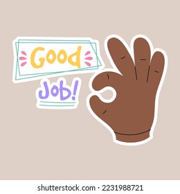 Good job groovy sticker. Reward sticker for teachers and kids. Hand drawn vector illustration