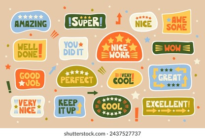 Good job, nice work, super, well-done sticker set. Positive, inspirational, and praising lettering words and phrases to celebrate the school, educational, student, and work results and success