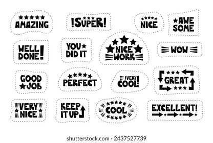 Good job, nice work, super, well-done sticker set. Positive, inspirational, and praising lettering words and phrases to celebrate the school, educational, student, and work results and success