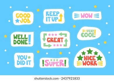 Good job, nice work, super, well-done sticker set. Positive, inspirational, and praising lettering words and phrases to celebrate the school, educational, student, and work results and success 