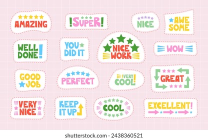 Good job, nice work, super, well-done sticker set. Positive, inspirational, and praising lettering words and phrases to celebrate the school, educational, student, and work results and success. Vector