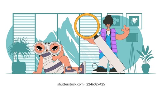 Good for job postings and flyers. Attractive group of HR people using binoculars and magnifier.