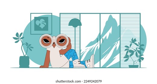 Good for job postings and flyers. Attractive woman looks through binoculars.