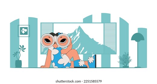 Good for job postings and flyers. Attractive woman holds in her hands and looks through binoculars.