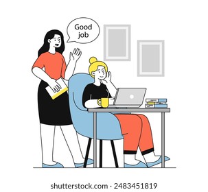 Good job praise concept. Boss praises subordinate. Good atmosphere in office and organization of efficient work process. Businesswoman and employee at workplace. Linear flat vector illustration