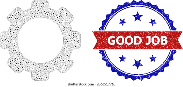 Good Job scratched seal imitation, and gearwheel icon mesh structure. Red and blue bicolored seal includes Good Job tag inside ribbon and rosette. Abstract flat mesh gearwheel, created from flat mesh.