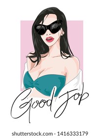 good job slogan with hand drawn girl in bikini illustration