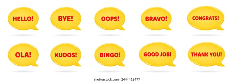 Good job,  thank you, congrats. Bravo, bingo, bye. Oops, hello, ola, kudos.3d vector illustration of a yellow speech bubble with red text on it. Yellow oval textbox	