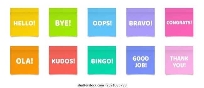 Good job, thank you, congrats. Bravo, bingo, bye. Oops, hello, ola, kudos. 3d vector illustration of a multicolored stickers with white text on it.