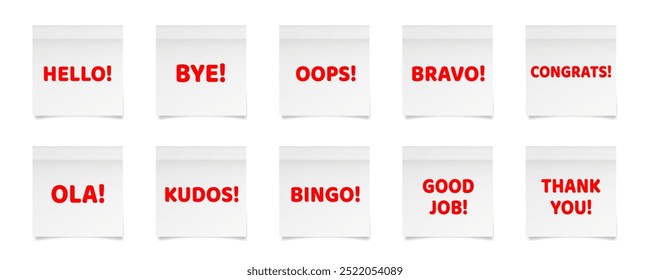 Good job, thank you, congrats. Bravo, bingo, bye. Oops, hello, ola, kudos. 3d vector illustration of a white stickers with red text on it.	