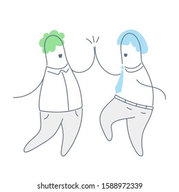 Good job! Two people giving high five to each other, illustration of friendship and giving a high five as a symbol of great work achievement. Clean outline vector on white. 