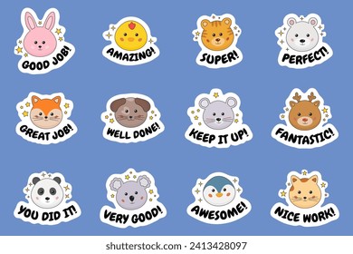 Good job, well done, nice work, great, awesome reward labels for kids, pupils with funny animals. Bunny, bear, panda, fox characters stickers for encouraging. Teachers stickers, education motivation.