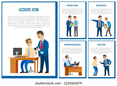 Good job of worker, boss praising employee poster vector. Dismissal of man working in office discharge of workmate by chief executive. Break of leader