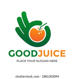 Buena plantilla de logotipo vectorial de jugo. Este diseño usa un símbolo de mano. Ideal para beber o comer.