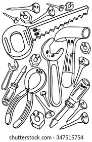 Good for kids coloring. Toy. Instruments. Black and white. 