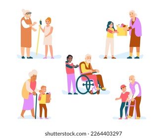 Good kids help old people with daily routines. Senior men and women support. Grandchildren care of elderlies. Teenagers buy groceries for aged persons. Happy grandparents