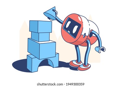 Ilustración vectorial de robots de buen tipo. Robot mantiene las figuras geométricas juntas en un estilo plano. Máquina electrónica y concepto de robo personal. Tecnologías innovadoras. Aislado sobre fondo blanco
