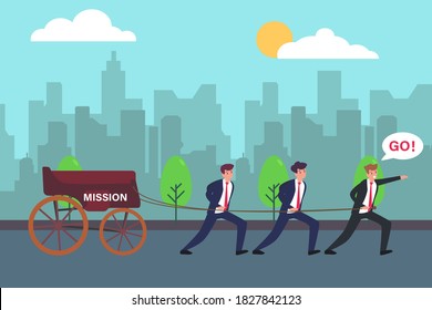 Good leadership vector concept: Team leader pulling mission cart with his team while giving command to follow him on the team