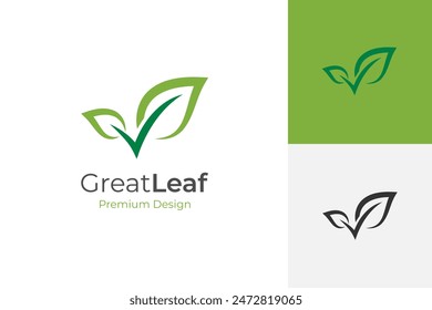 good leaf logo icon design with tick mark and foliage, growth leaf graphic elements. letter V for vegan, vegetarian logos