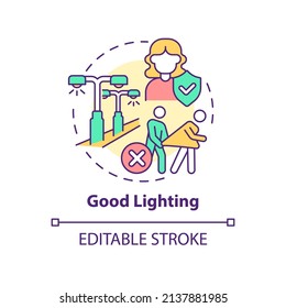 Good lighting concept icon. Crime prevention. Comfortable city design for women abstract idea thin line illustration. Isolated outline drawing. Editable stroke. Arial, Myriad Pro-Bold fonts used