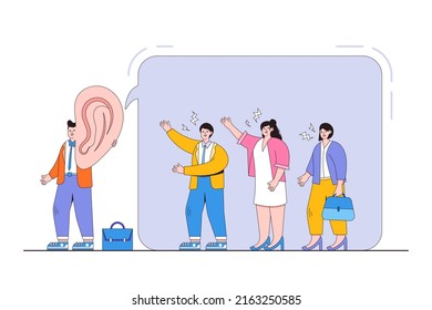 Good listener boss listens and accepts any opinions, suggestions, or customer feedback concepts illustrations. A wise businessman with big ear is making an effort to listen to all colleagues advice.