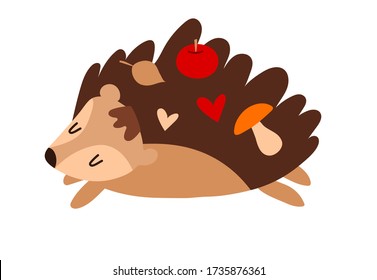 A good little hedgehog sleeps with apples and mushrooms. Cute kawaii cartoon character. Baby greeting card template and print. Flat design. Vector illustration with cute hedgehog.