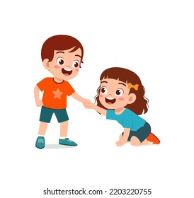 good little kid helping friend that falling on the floor