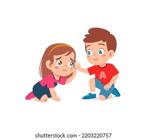 Good Little Kid Helping Friend That Falling On The Floor