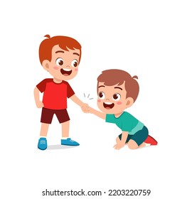 good little kid helping friend that falling on the floor