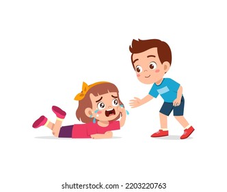 Good Little Kid Helping Friend That Falling On The Floor