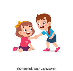 good little kid helping friend that falling on the floor