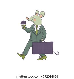 Good little mouse in suit with coffee goes to work