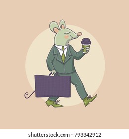 Good little mouse in suit with coffee goes to work