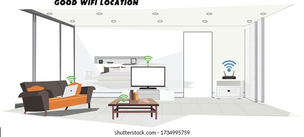 Good Location the router for good Wi-Fi signal in the living room. Infographic, interior, Living Room, House, wifi, signal, and . Vector flat illustration