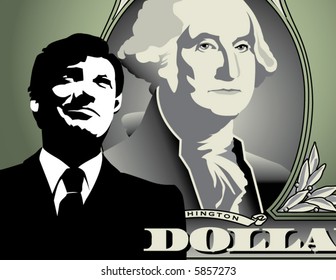 A good looking business man in front of a large dollar bill