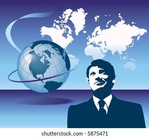 A good looking business man in front of a abstract global background