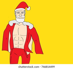 good looking old man white  beard Santa claus show six packs body builder on pop yellow background with copy space for edit your text