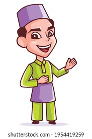 Good looking smiling young muslim man with songkok Malay costume presenting and pointing something on white background