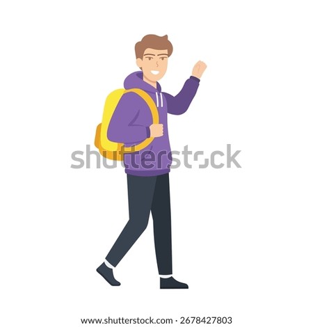 a good looking student waving. an attractive male student. a student wearing a purple hoodie. a person greeting