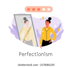 Good looking woman unhappy with reflection in mirror flat style, vector illustration isolated on white background. Perfectionism concept, stars, upset female character
