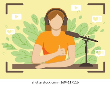 Good looking young  female making an online podcast recording for her online show. Business woman using headphones in front of microphone for radio program. 
 Vector illustration style cartoon
