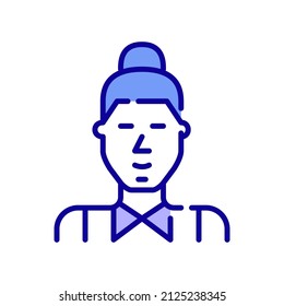 Good looking young hipster man with a bun wearing a shirt. Pixel perfect, editable stroke color icon