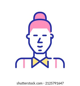 Good looking young hipster man with a bun wearing a shirt. Pixel perfect, editable stroke fun color icon