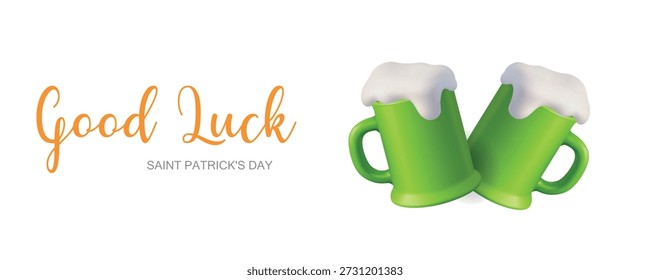 Good Luck banner with two green beer mugs for Saint Patricks Day