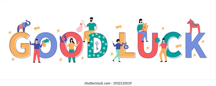 Good luck big letters vector illustration. Isolated typography with people characters and good fortune symbols. Fortune and success charms, lucky amulets. Superstitious people carry lucky talismans