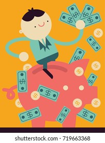 Good Luck in Business is represented by Entrepreneur Riding a Piggy Bank as Money Falls Around Him