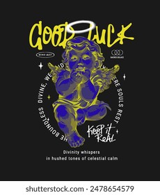 good luck calligraphy slogan with biy angel inverted color graphic vecto illustration on black background