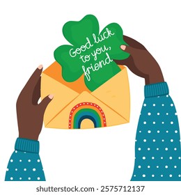 Good Luck card with human hands, envelope decorated with rainbow, four-leaves clover and hand written. Vector design elements isolated on white. Cartoon poster with wishes. Flat color illustration.